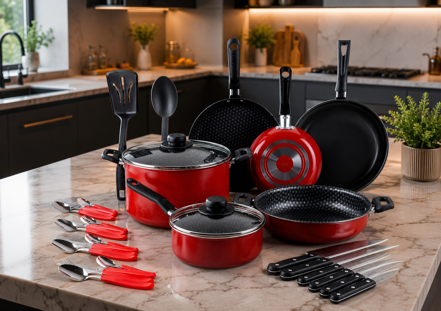 Kit de Cocina Tramontina de 32 piezas en color rojo con ollas, sartenes, cubiertos y cuchillos